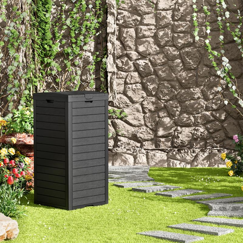 Bote de basura exterior de 31 galones con tapa y bandeja antiderrames, hecho de resina fácil de limpiar, ideal para hogar y jardín, color negro.