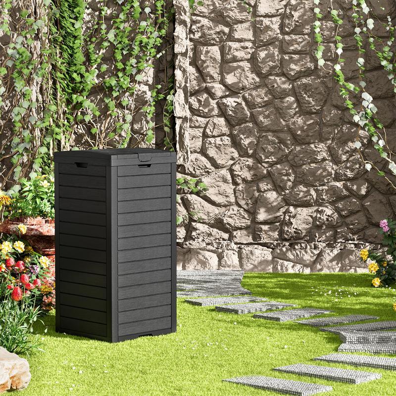 Bote de basura exterior de 31 galones con tapa y bandeja antiderrames, hecho de resina fácil de limpiar, ideal para hogar y jardín, color negro.