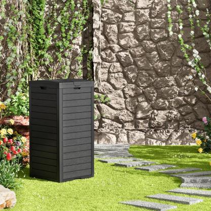 Bote de basura exterior de 31 galones con tapa y bandeja antiderrames, hecho de resina fácil de limpiar, ideal para hogar y jardín, color negro.