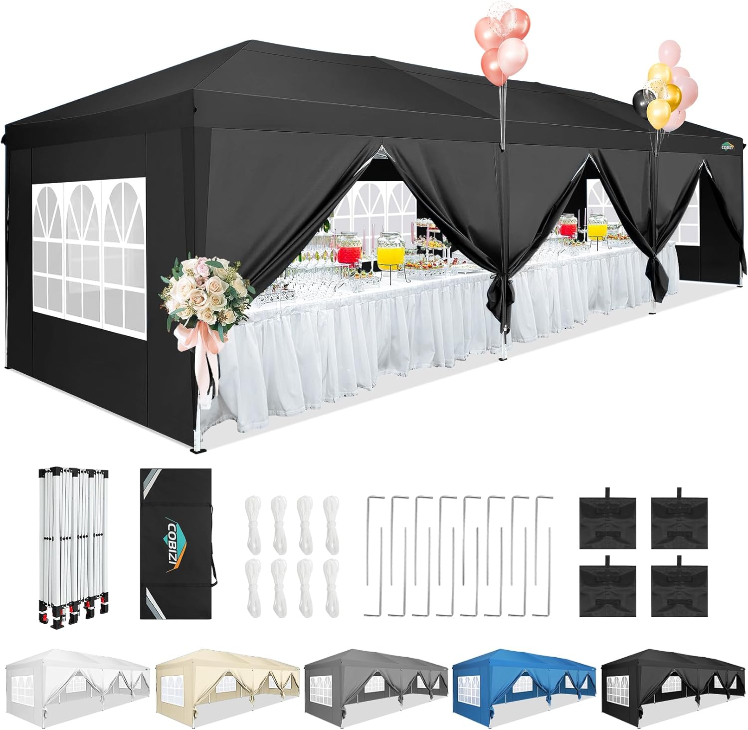 COBIZI - Toldo desplegable de 10 x 20 Pulgadas con 6 Paredes Laterales, toldo Impermeable para Eventos al Aire última intervensión, UPF 50+ cenador portátil para Fiestas, Playa, Camping, Boda,