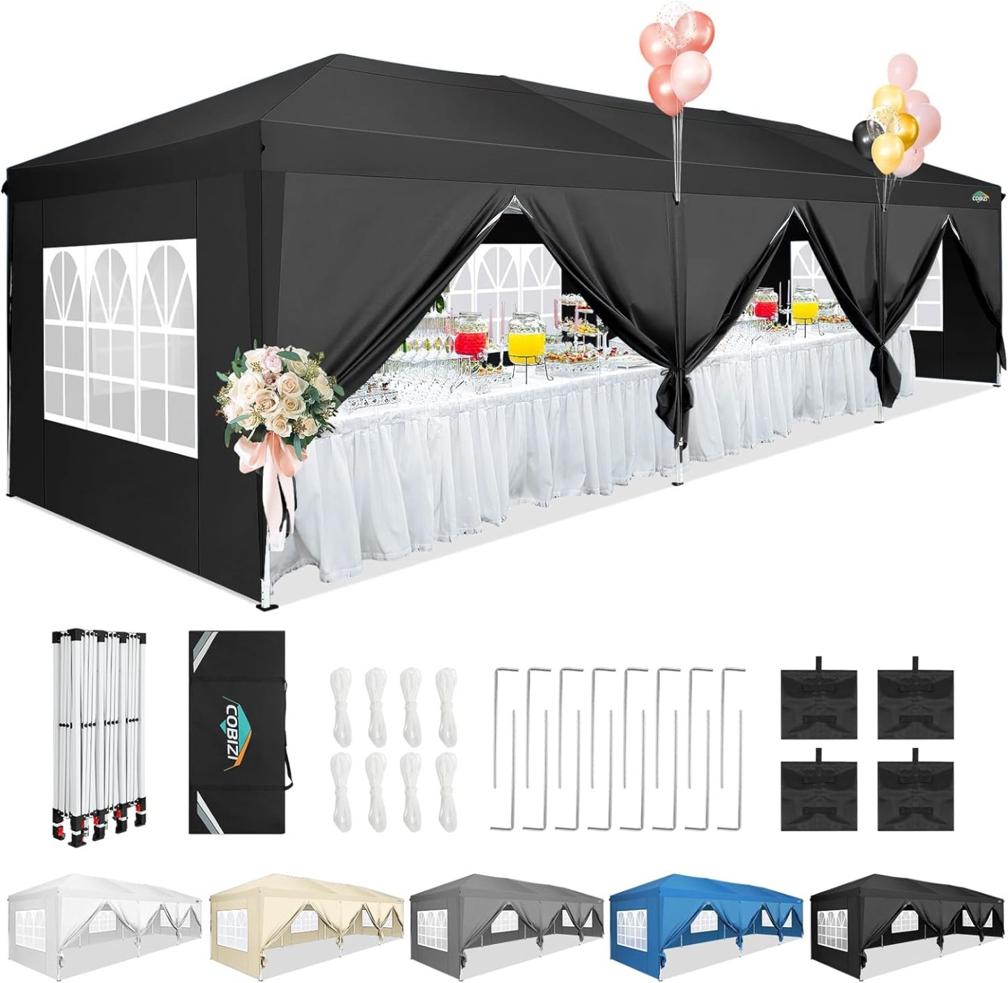 COBIZI - Toldo desplegable de 10 x 20 Pulgadas con 6 Paredes Laterales, toldo Impermeable para Eventos al Aire última intervensión, UPF 50+ cenador portátil para Fiestas, Playa, Camping, Boda,