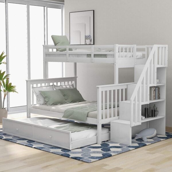 Oferta de liquidación: litera doble sobre una cama completa con cajón, 4 espacios de almacenamiento y barandilla