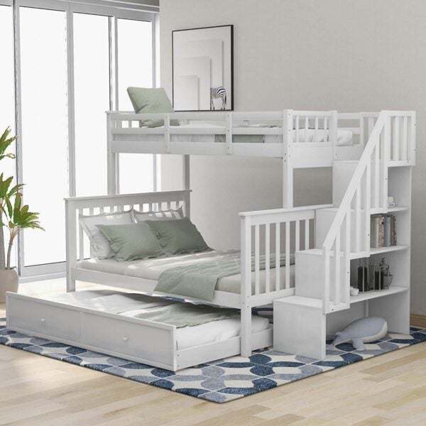 Oferta de liquidación: litera doble sobre una cama completa con cajón, 4 espacios de almacenamiento y barandilla