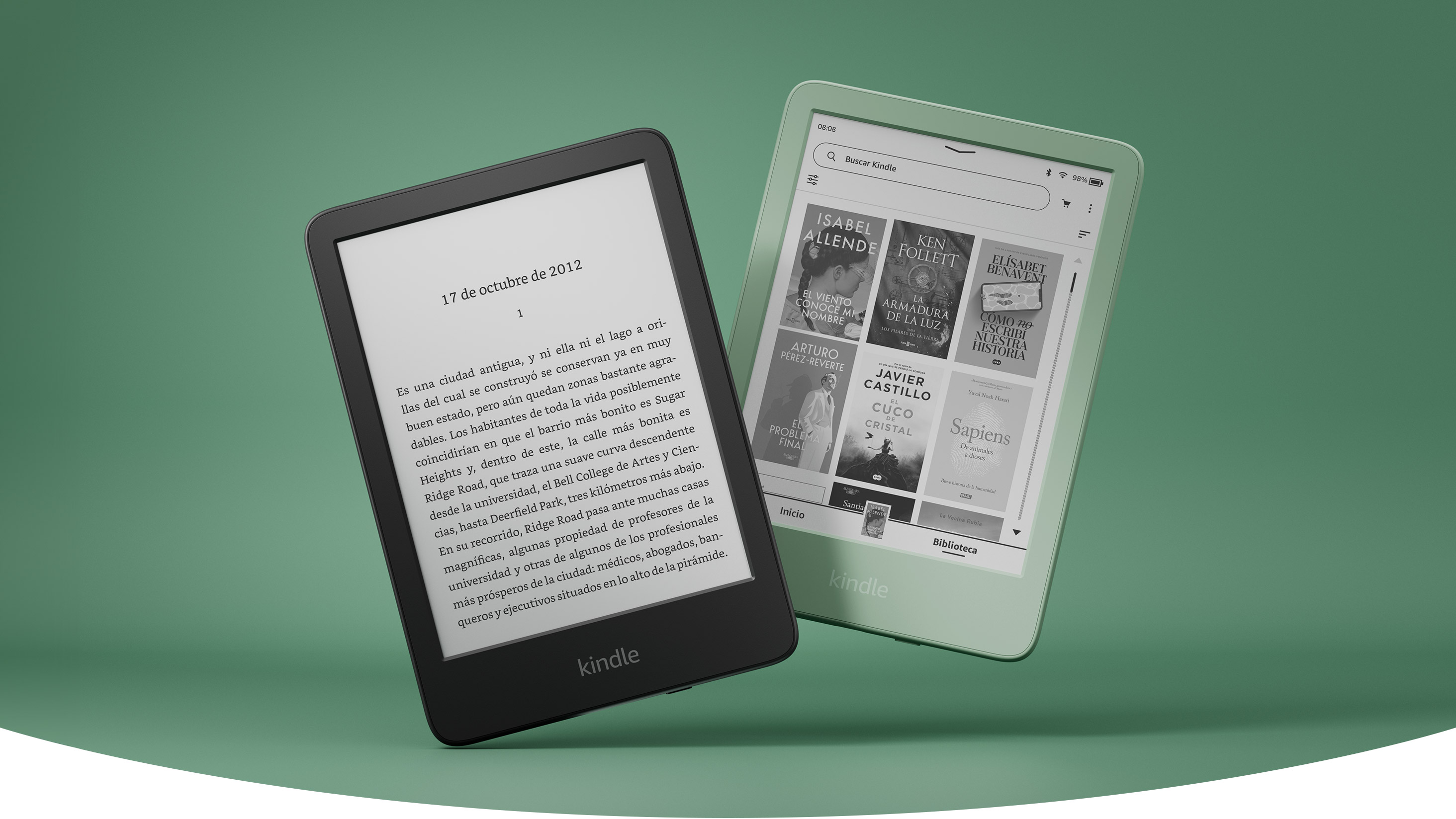 Kindles en negro y matcha con un fondo verde.