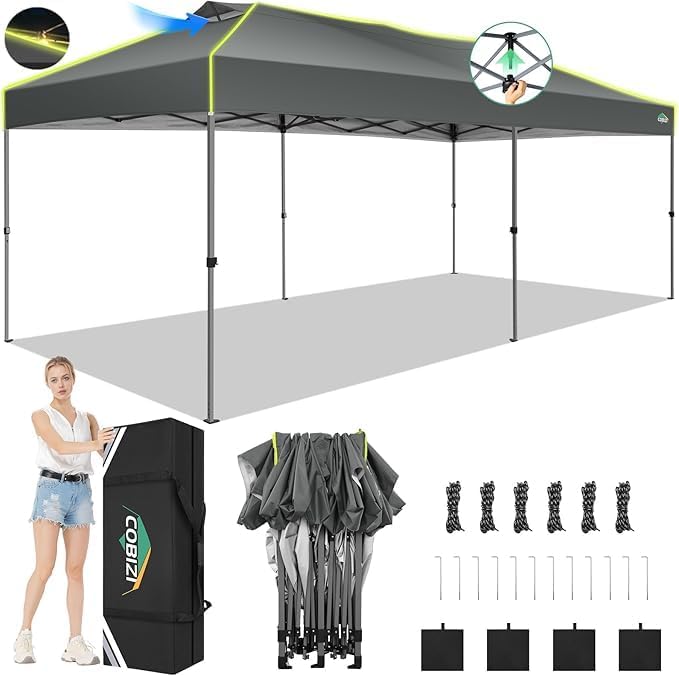 COBIZI - Tienda de campaña desplegable de 10 x 20 Pulgadas, Tienda de campaña instantánea Comercial para Bodas, Fiestas con 3 Altura Ajustable, toldo Ez Up para Exteriores, Impermeable, UPF50+ con