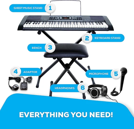 Alesis Melody 61 - Piano eléctrico con 61 teclas, Teclado Musical con altavoces, audífonos, micrófono, soporte para piano, atril y taburete
