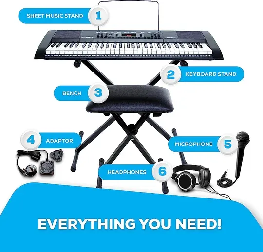 Alesis Melody 61 - Piano eléctrico con 61 teclas, Teclado Musical con altavoces, audífonos, micrófono, soporte para piano, atril y taburete