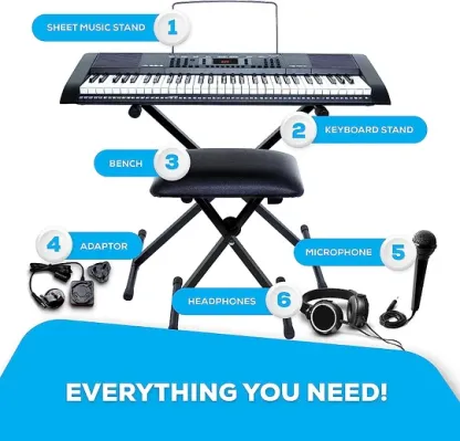 Alesis Melody 61 - Piano eléctrico con 61 teclas, Teclado Musical con altavoces, audífonos, micrófono, soporte para piano, atril y taburete