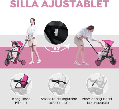 Triciclo de bebé 4 en 1, Bici polivalente, cochecito de dirección plegable, bicicleta de aprendizaje con barandilla desmontable, con toldo ajustable, arnés de seguridad, pedales plegable, freno, asa de empuje para padres, diseño de absorción de impactos,