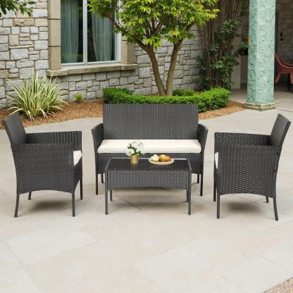 FDW - Juego de 4 muebles para exteriores, juego de conversación de mimbre con silla de ratán, mesa de centro para exteriores, interiores, jardín, patio, porche, terraza, balcón, cojines de mimbre
