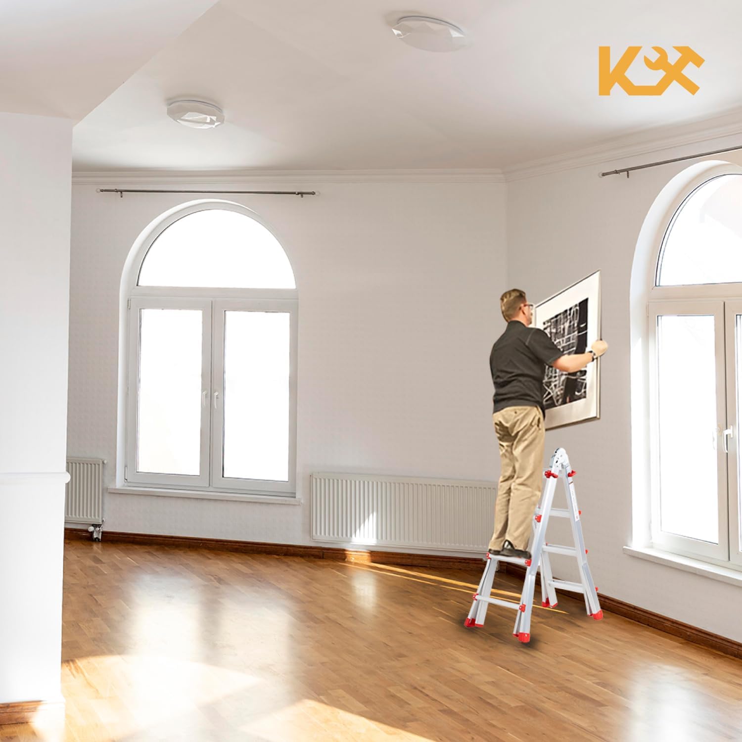 Kingsman | Escalera Multiposiciones 12 Peldaños con Charolas – Soporta hasta 150 kg – Escalera de Aluminio 3.5 MTS – Plegable – Escalera Multipropósito – Tipo Tijera – Andamio – Escalera Recta