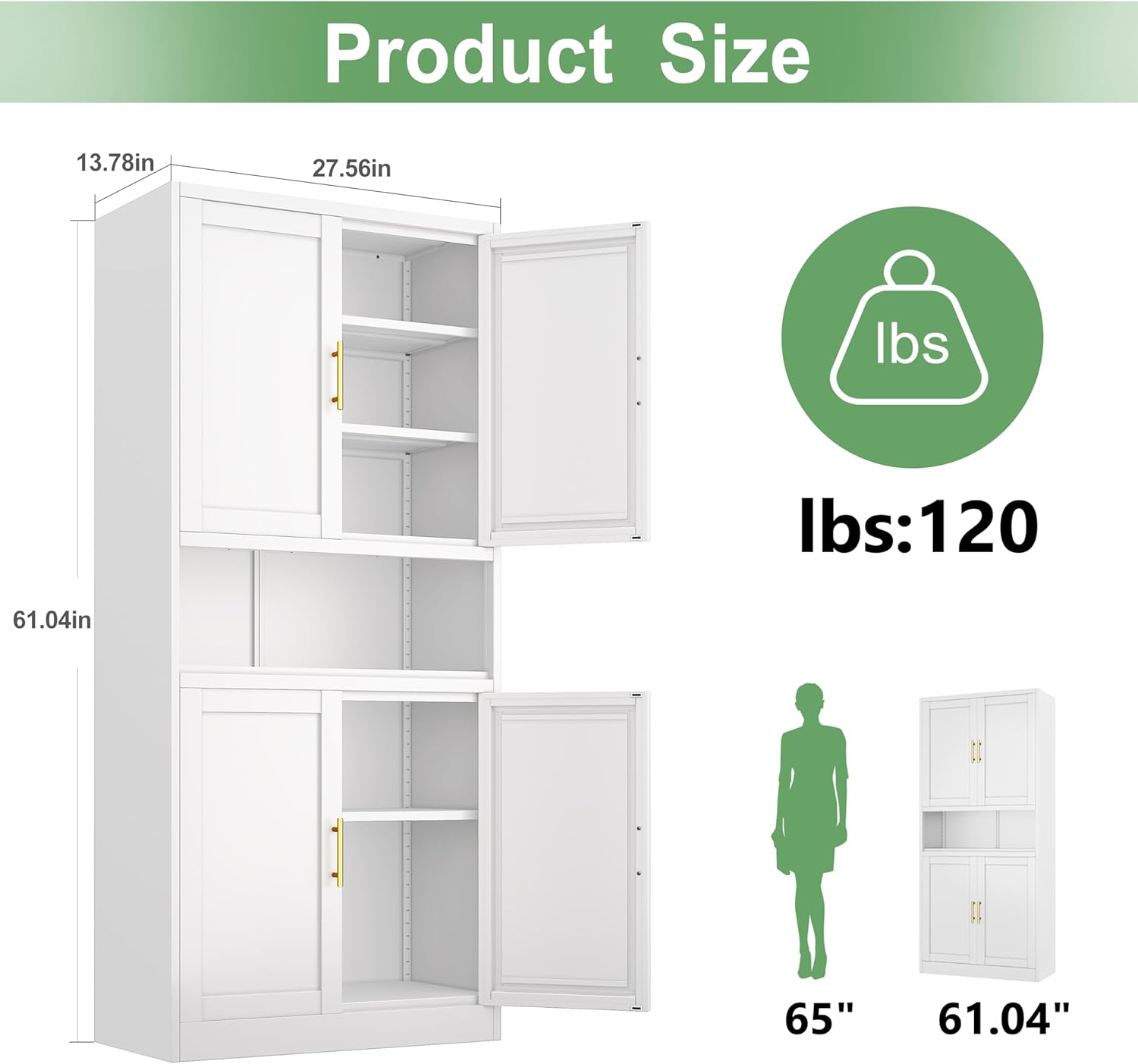 Ckzbx Gabinete de cocina de metal de 61 pulgadas de alto con 4 puertas, armarios de baño, 2 estantes ajustables para cocina, oficina en casa, sala de estar, comedor (negro)