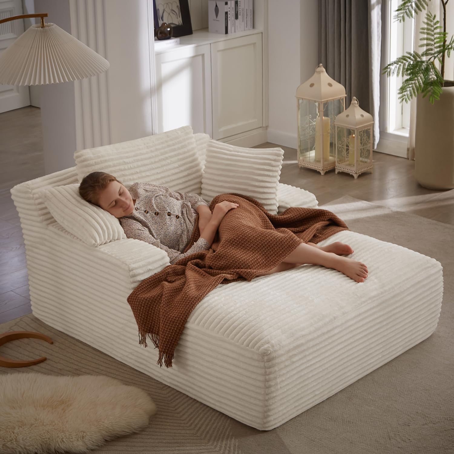 Ivoros - Chaise longue de 50 pulgadas para interior, sofá cama tapizado de pana de gran tamaño con asiento profundo, sillones de lectura, sofás tipo nube para sala de estar, no requiere montaje (beige