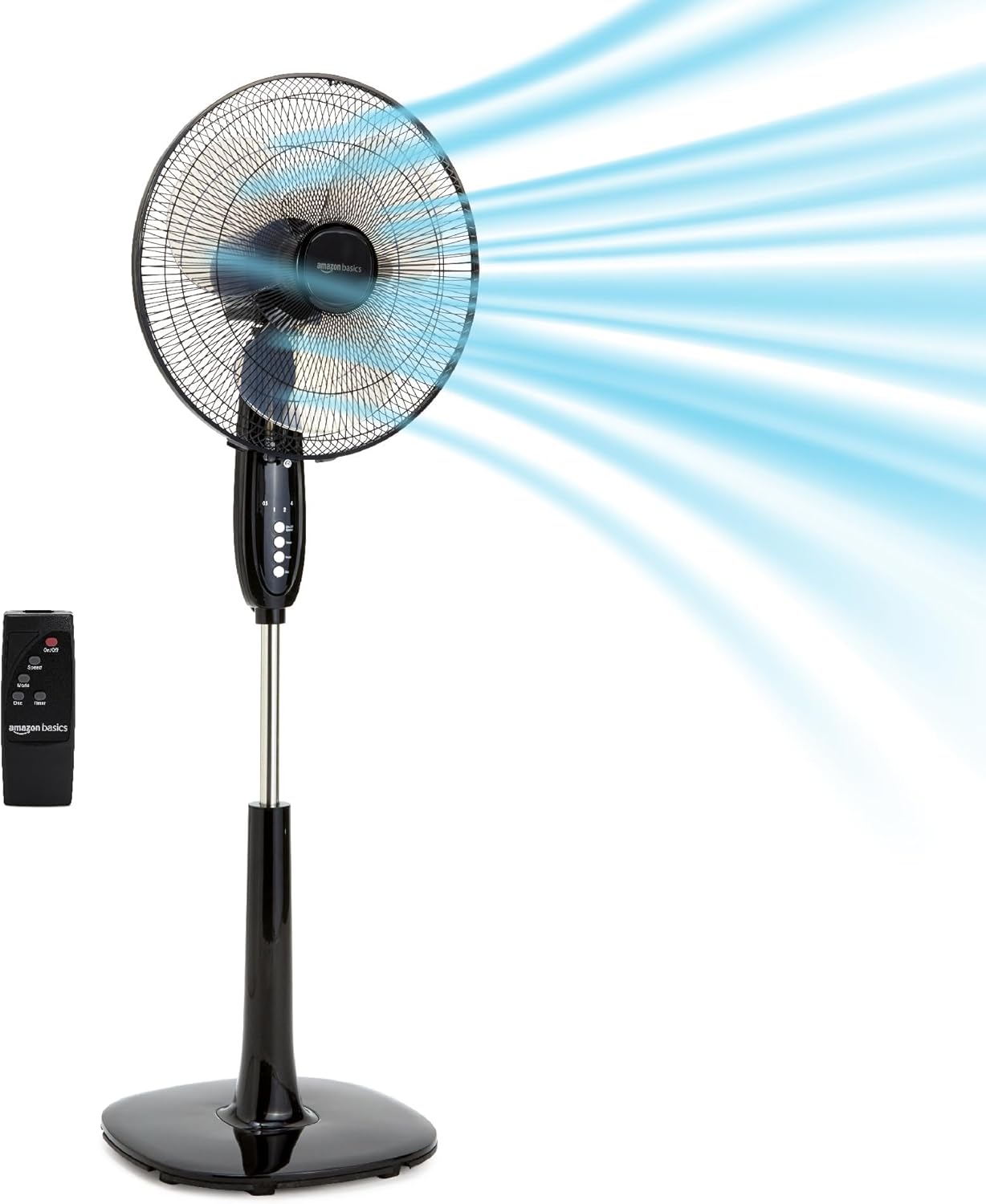 Amazon Basics Ventilador de pedestal de 40.6 cm con control remoto para recámara sala u oficina, con 3 velocidades, 3 modos, temporizador, altura ajustable, cabezal inclinable, 60 W, negro