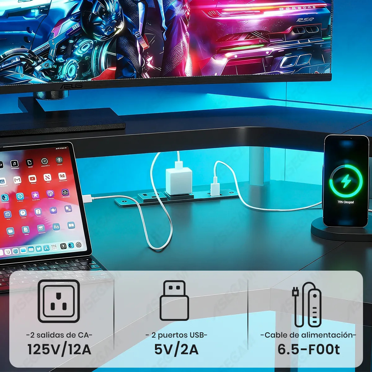 Escritorio Gamer En Forma De L Con Luz Led , Toma Y Soporte