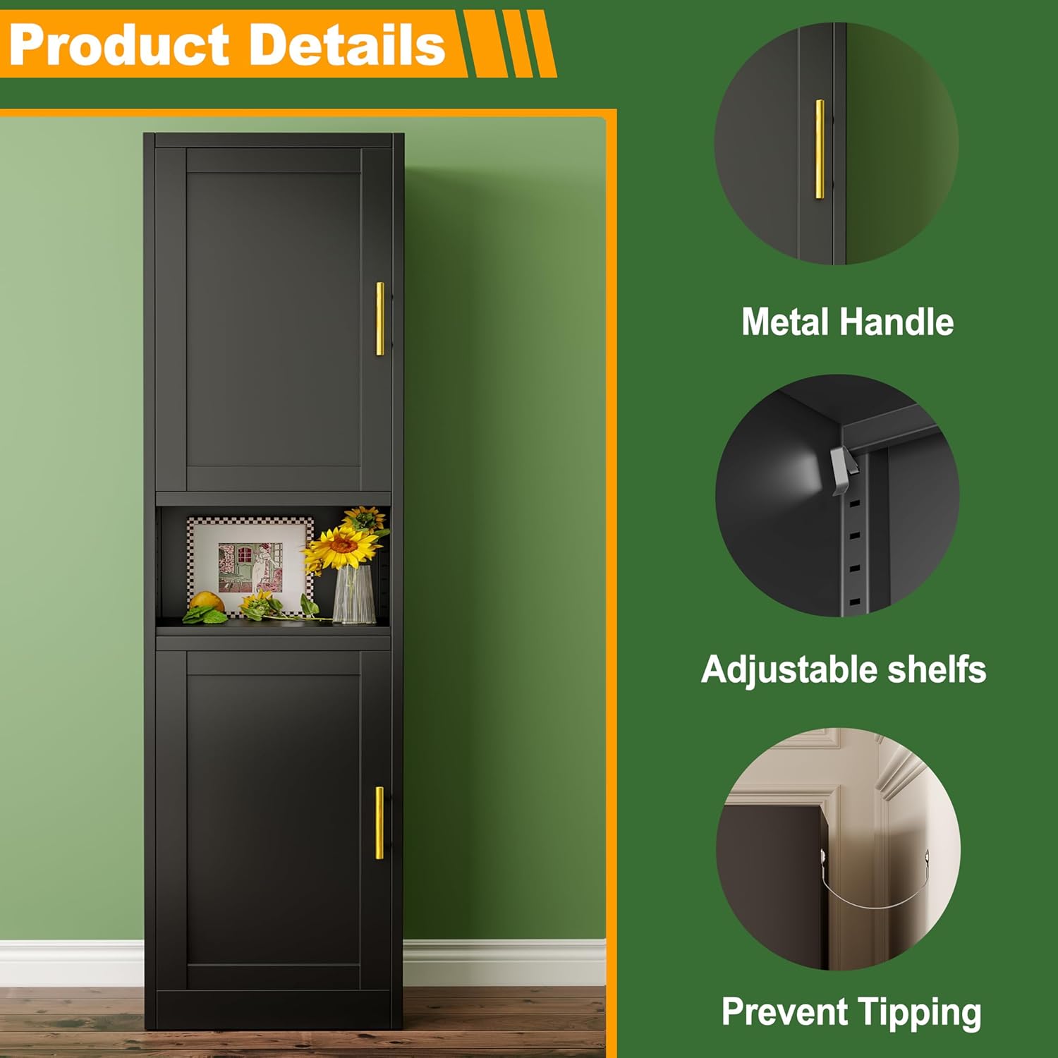 Ckzbx Gabinete de cocina de metal de 61 pulgadas de alto con 4 puertas, armarios de baño, 2 estantes ajustables para cocina, oficina en casa, sala de estar, comedor (negro)