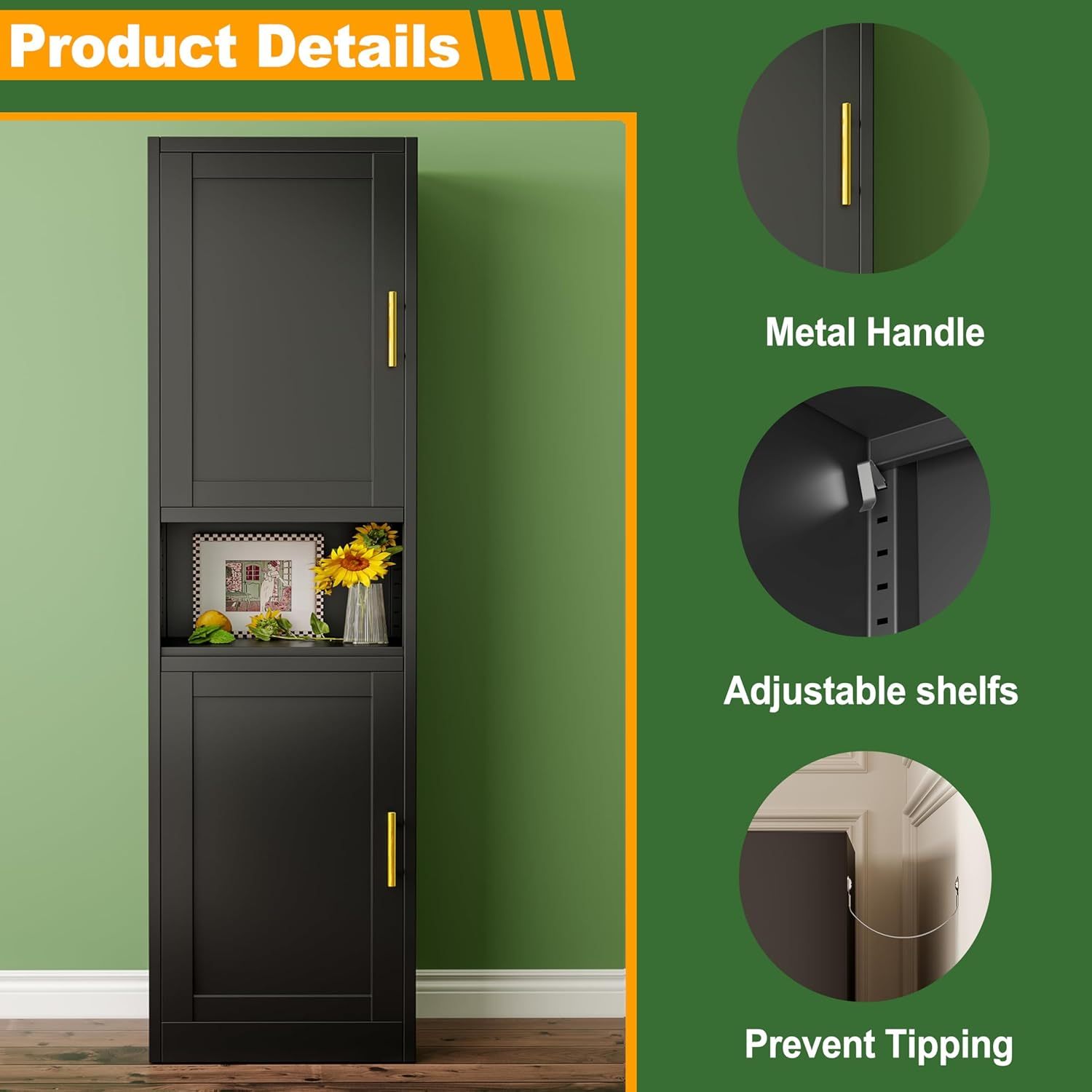 Ckzbx Gabinete de cocina de metal de 61 pulgadas de alto con 4 puertas, armarios de baño, 2 estantes ajustables para cocina, oficina en casa, sala de estar, comedor (negro)
