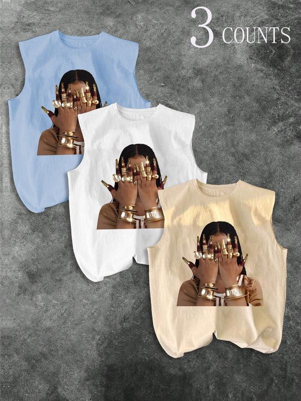 Men's Three-Piece Trendy Casual Sleeveless Vest Set, Face-Wiping Woman Print, Perfect for Summer, Vacation, Friend Gatherings