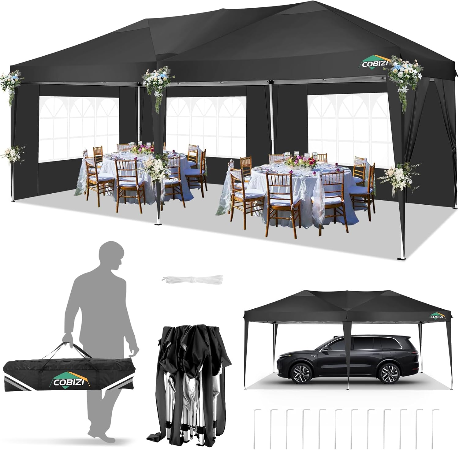 COBIZI - Toldo desplegable de 10 x 20 Pulgadas con 6 Paredes Laterales, toldo Impermeable para Eventos al Aire última intervensión, UPF 50+ cenador portátil para Fiestas, Playa, Camping, Boda,