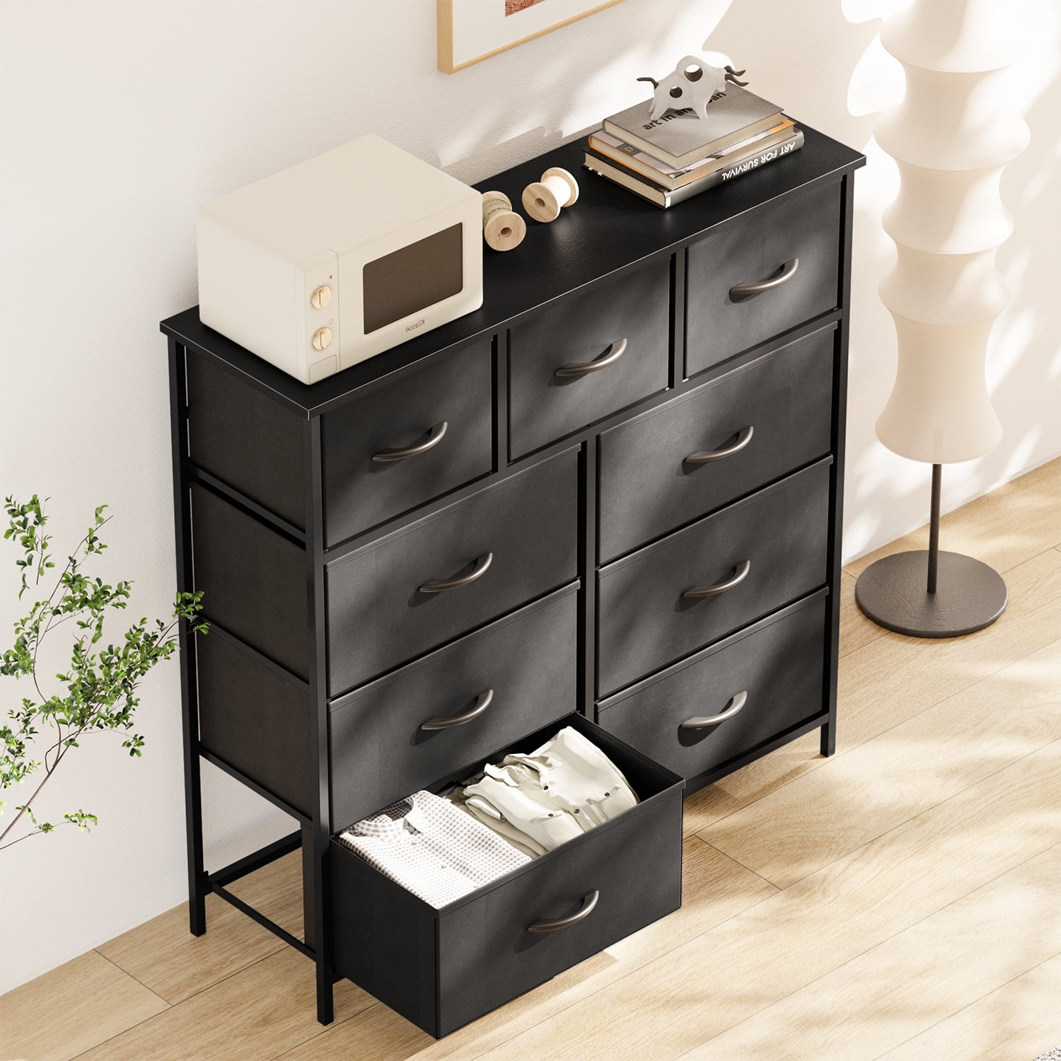 Yanming Cómoda de Tela con 9 cajones, Estructura de Acero y Tapa de Madera para Dormitorio, Armario, Entrada