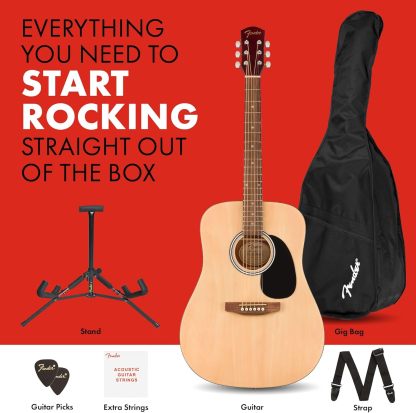 Fender Alternative Series Dreadnought Kit de guitarra acústica para principiantes, con 2 años de garantía, incluye bolsa acolchada para conciertos, soporte para guitarra, correa de guitarra y más