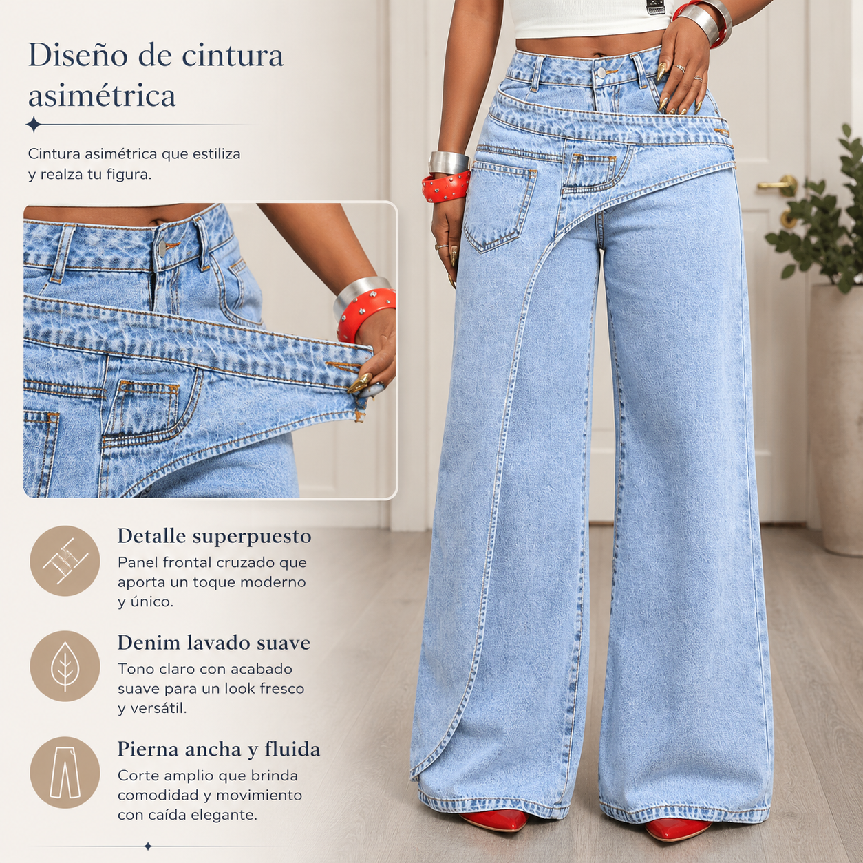 Jeans de pierna ancha y cintura alta para mujer con cintura asimétrica – Pantalones vaqueros holgados de lavado claro