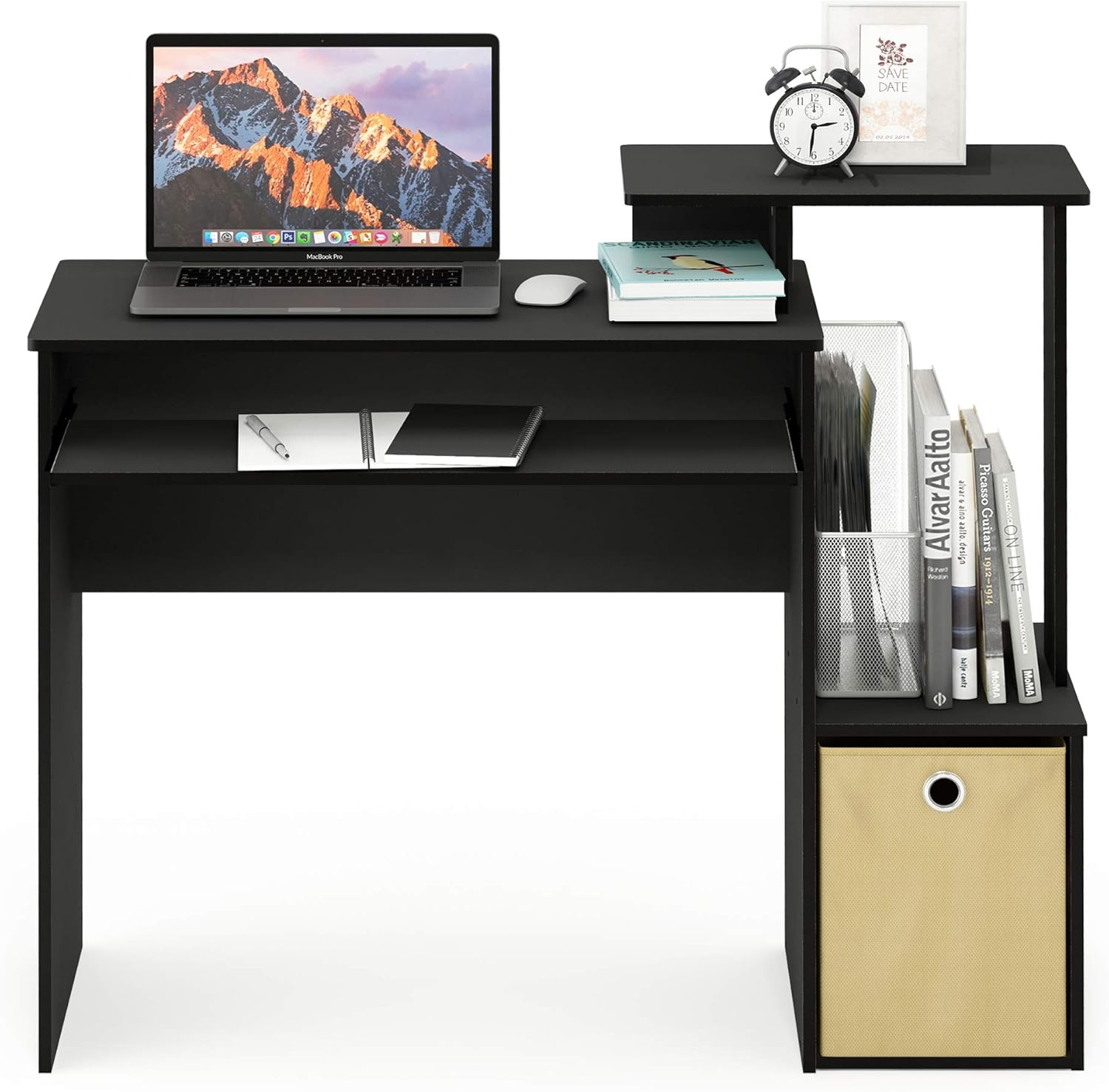 Furinno Econ Escritorio de escritura de computadora de oficina en casa multipropósito W/Bin, Blanco/Negro