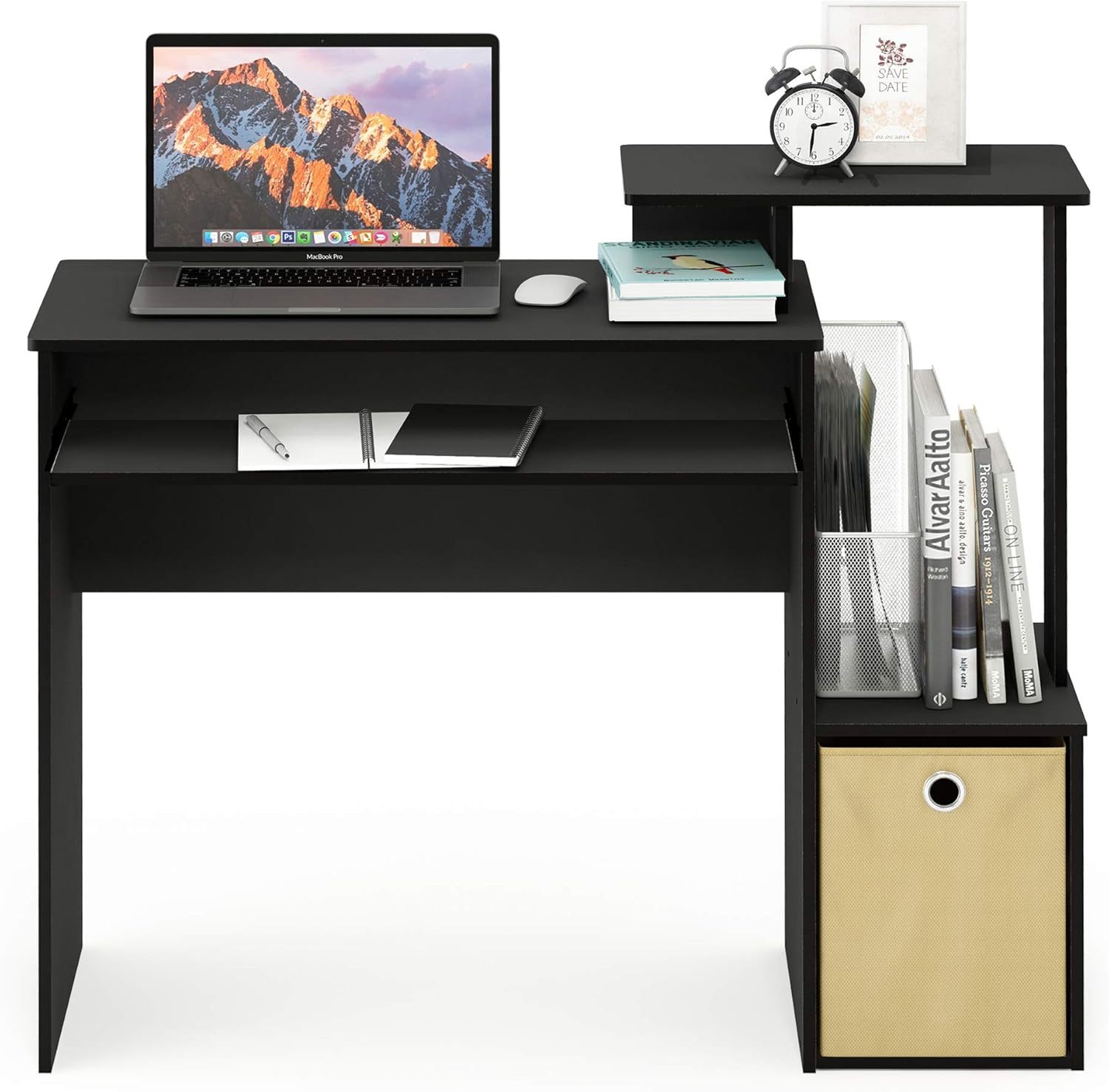 Furinno Econ Escritorio de escritura de computadora de oficina en casa multipropósito W/Bin, Blanco/Negro