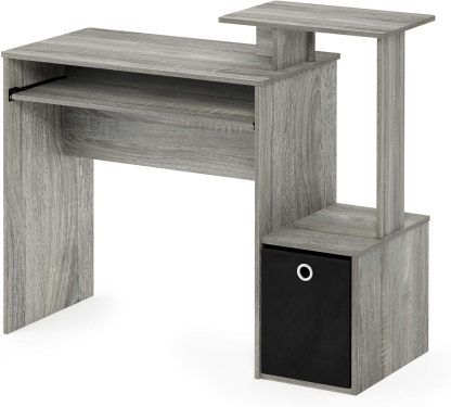 Furinno Econ Escritorio de escritura de computadora de oficina en casa multipropósito W/Bin, Blanco/Negro