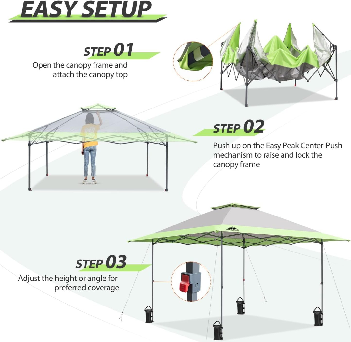 EAGLE PEAK - Toldo desplegable de pierna recta de 13 x 13 pulgadas, toldo instantáneo para exteriores, fácil instalación para una sola persona, refugio plegable con aleros de extensión automática, 169 pies cuadrados de sombra (gris)