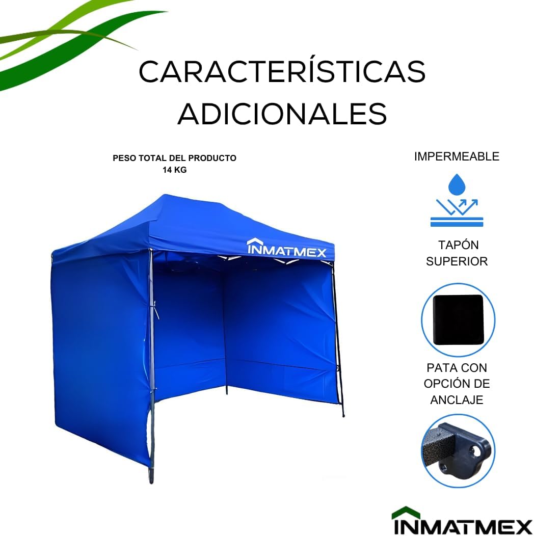 INMATMEX Toldo Carpa 2x3 Impermeable Plegable con Armazón Color Azul, Paredes, Carpa Plegable para Exteriores, Lona Plegable de Acero, Lona Impermeable para Jardín Casa Exterior Facil Armado