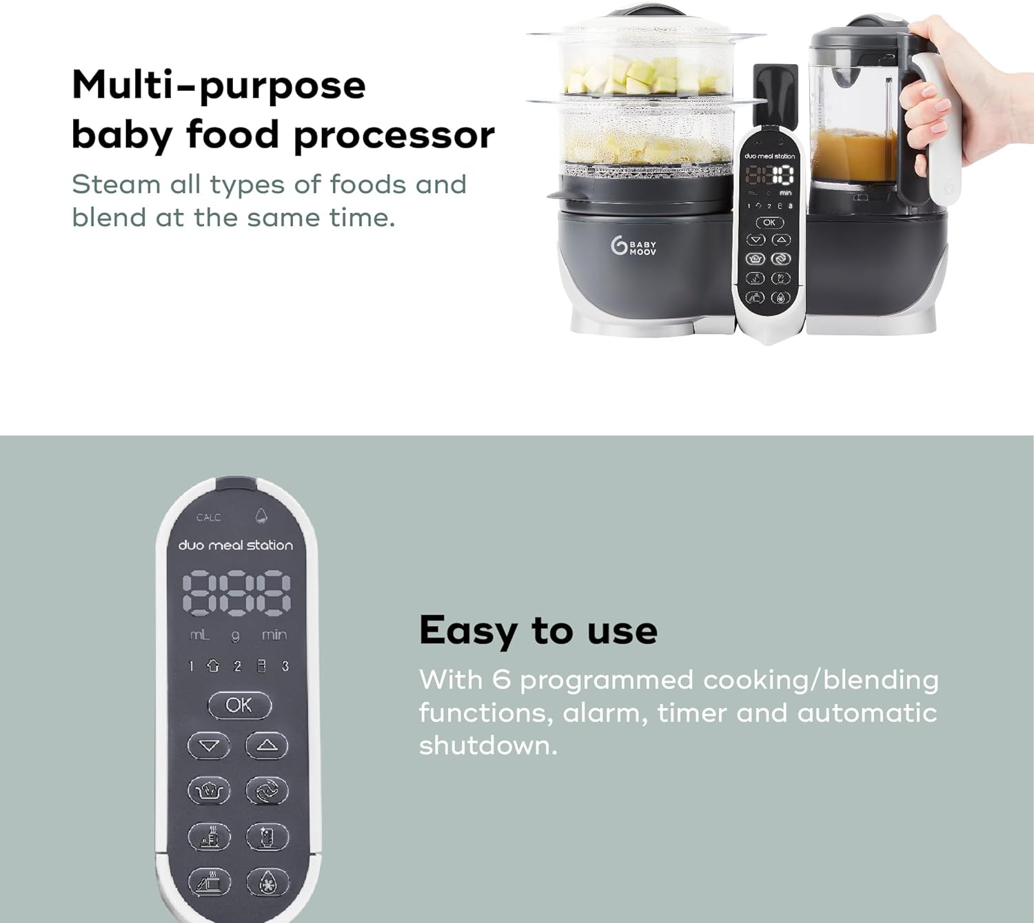 Babymoov Duo Meal 6 en 1: Procesador de Alimentos para Bebés con Vaporizador y Licuadora de Velocidades Múltiples, Calienta y Descongela (Aprobado por Nutricionistas), Gris