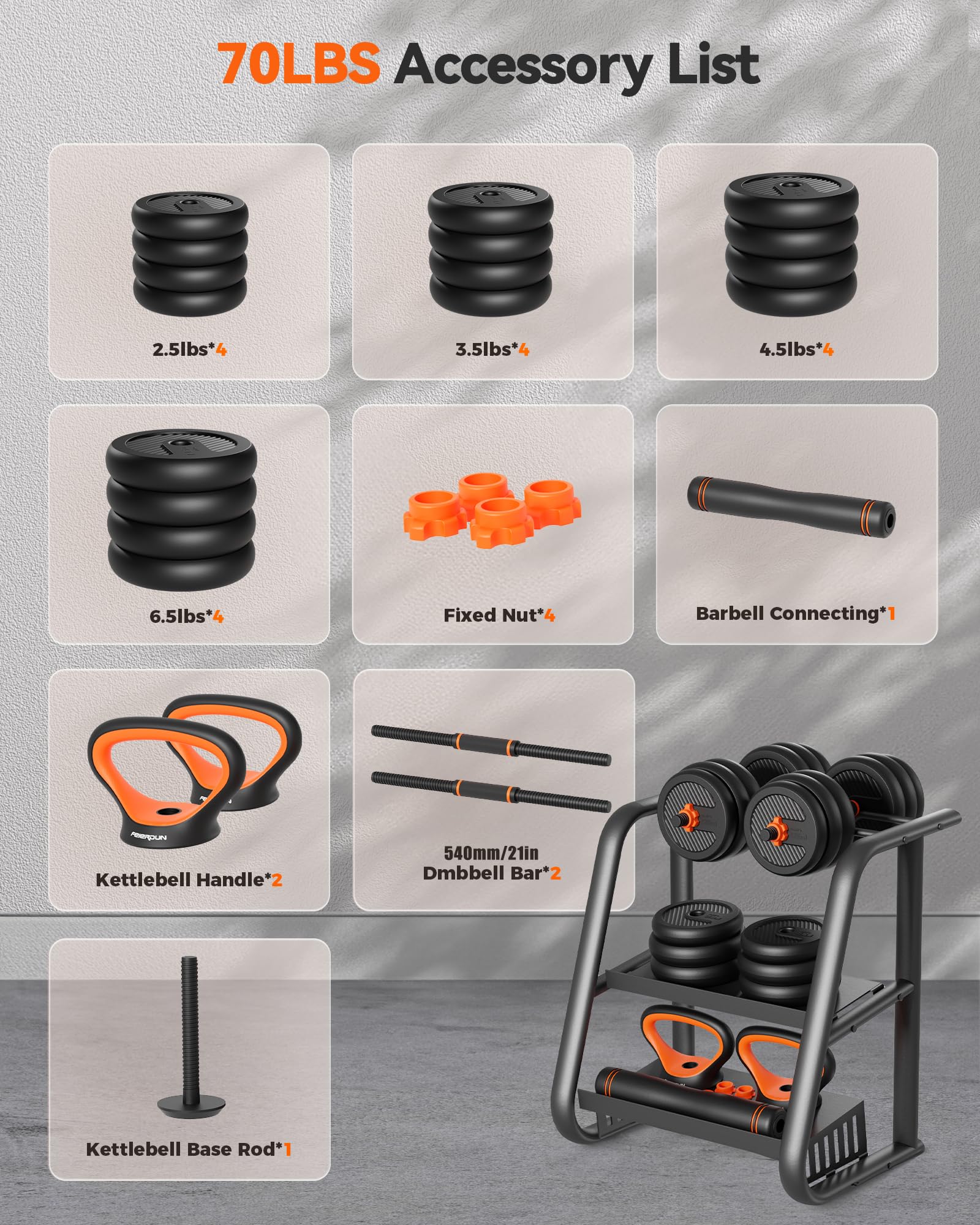💪FEIERDUN Mancuernas Ajustables, Set de Pesas Libres 10/15/20/30/40 kg con Conector, Set 5 en 1, 🏋️Barra/Kettlebell/Soporte para Flexiones/Disco de Peso, Usable para Ejercicios de Fitness en Gimnasio en Casa, Adecuado para Hombres/Mujeres