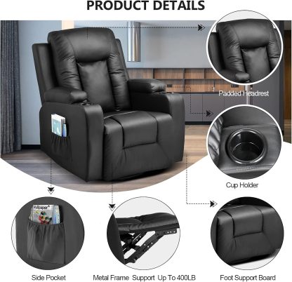 COMHOMA - Silla reclinable de Piel con calefacción y Masaje ergonómico Giratorio de 360 Grados, Soporte para Bebidas para sofá Individual, Silla de Sala de Estar, Color Negro