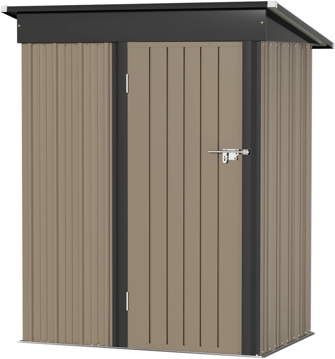 Greesum - Cobertizo de almacenamiento de metal para exteriores, 5 pies x 3 pies, herramienta de acero para cobertizo de almacenamiento con puerta y cerradura, para patio trasero, jardín, patio, césped (5 x 3 pulgadas), color café