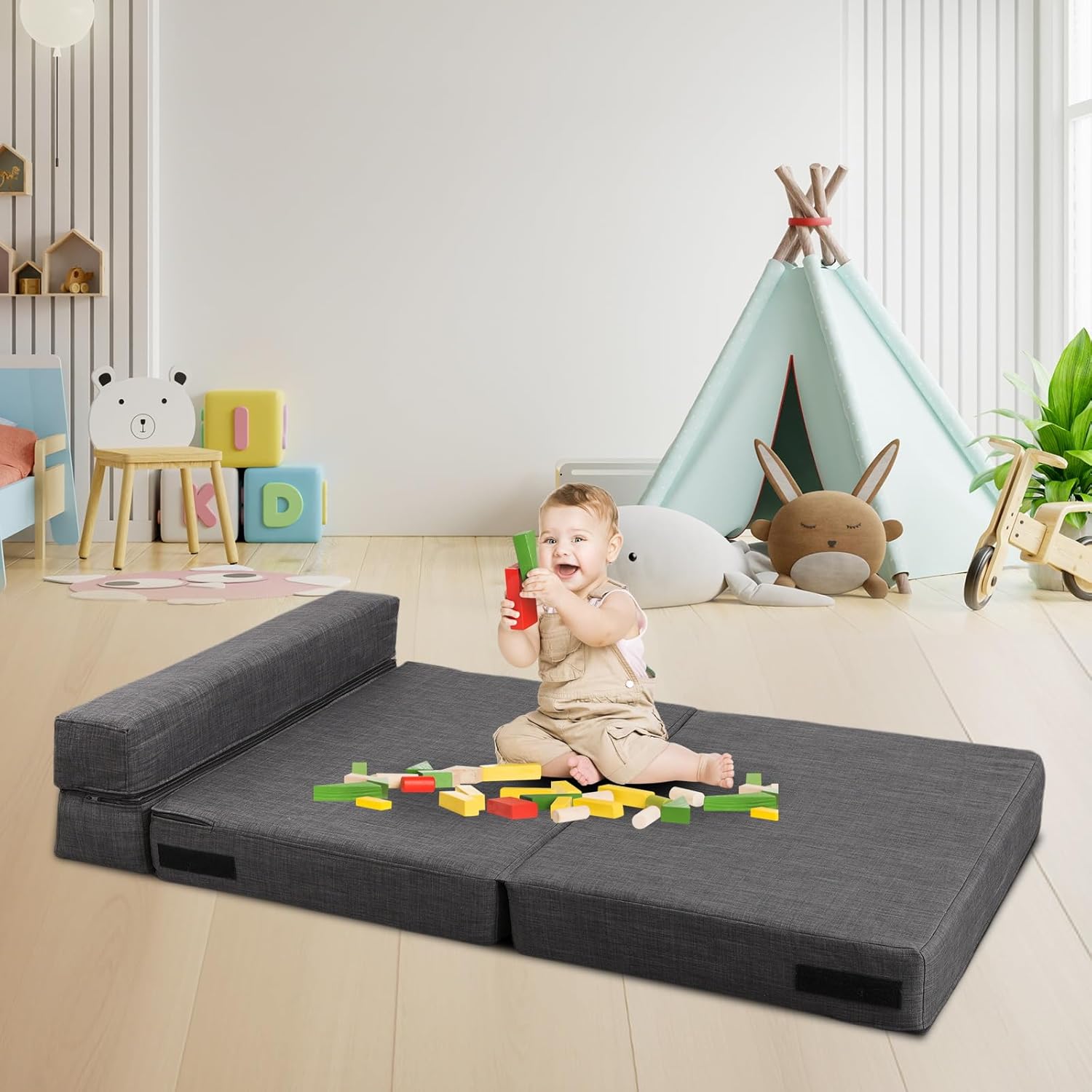 Silla reclinable Anoner, sofá cama plegable de 152 cm, diván con 2 cojines, funda lavable de espuma viscoelástica tamaño queen, color gris claro