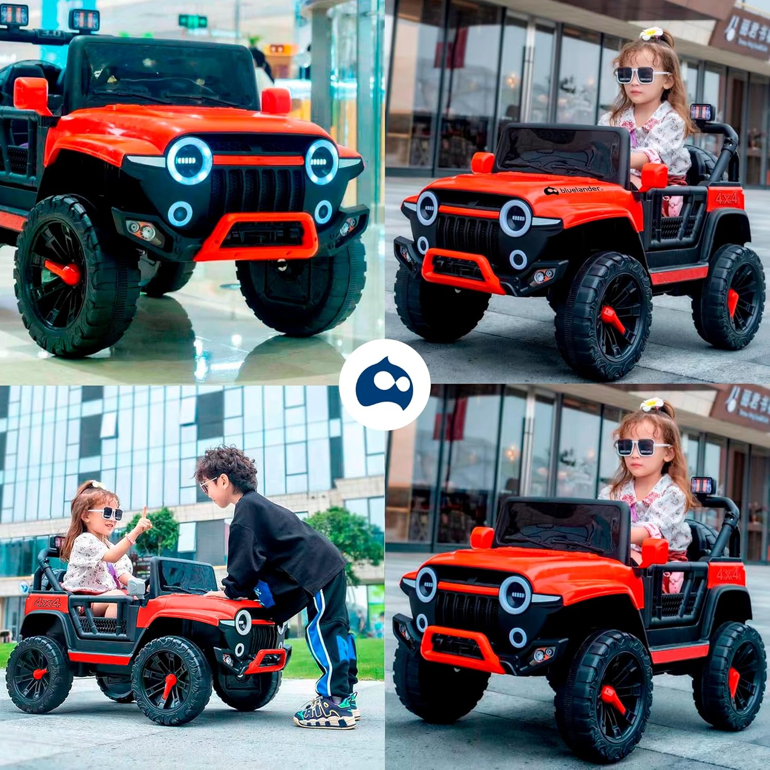 Bluelander Carro Electrico Tipo Jeep Montable Niño Niña, 69*61*105 Cm, Carro Electrico 5 KM/H, Carrito Montable Electrico Musical, Luz Led, Control Remoto, Puerto USB, MIC, Bateria Recargable (Rojo)