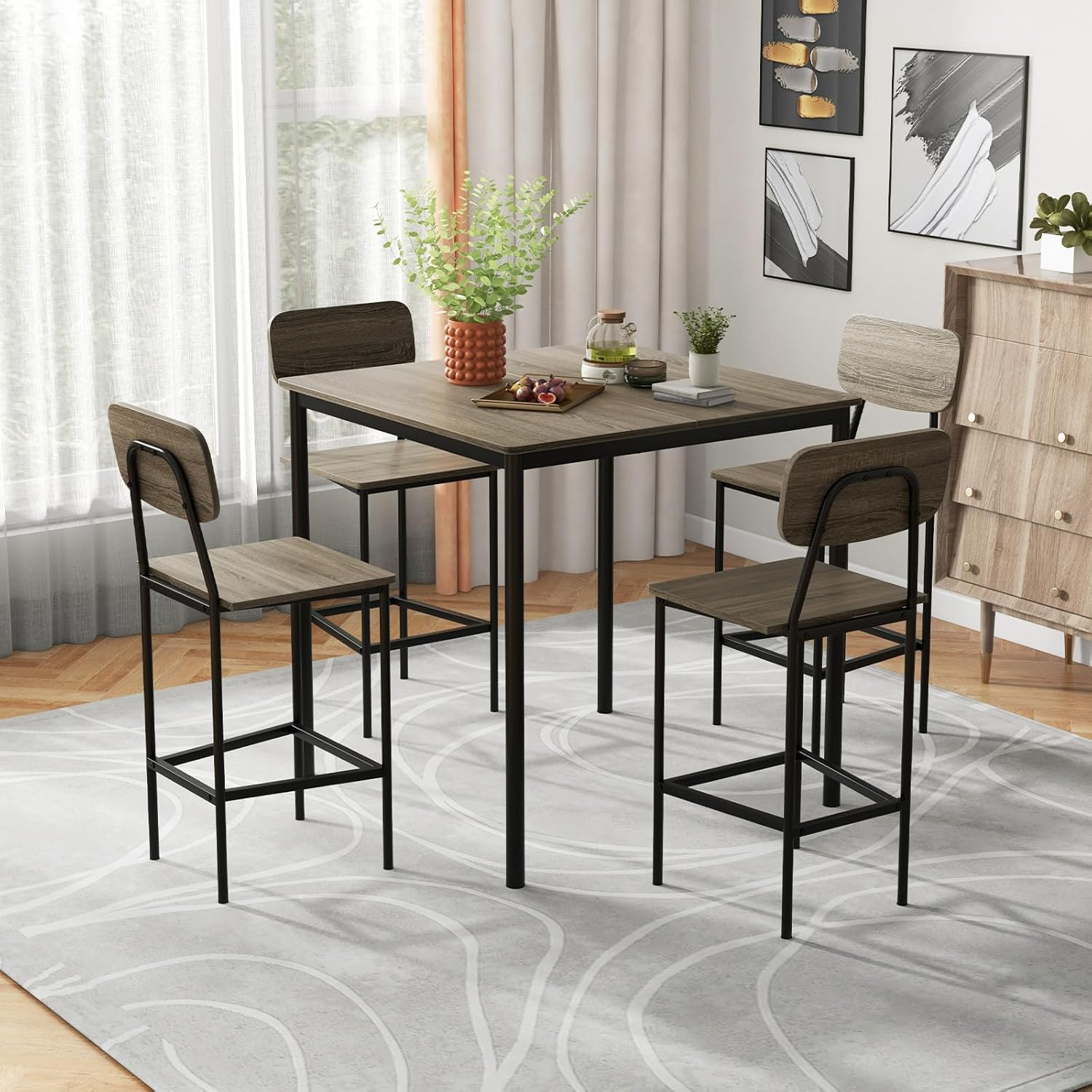 Juego de mesa de comedor de 5 piezas con mesa de altura y 4 taburetes de bar, juego de comedor industrial de cocina con reposapiés y respaldo, juego de comedor que ahorra espacio para pub,