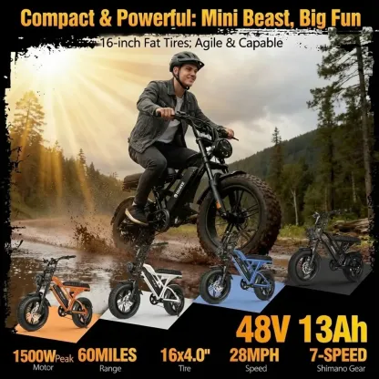 ⚡ESKUTE V100 Bicicleta Eléctrica para Adultos, Llantas Gruesas Fat‑Tire 16" Todoterreno, Motor Pico 1500W, Batería 48V 13Ah Larga Autonomía, Velocidad 45 km/h, Doble Suspensión, Ideal para Desplazamientos y Camping