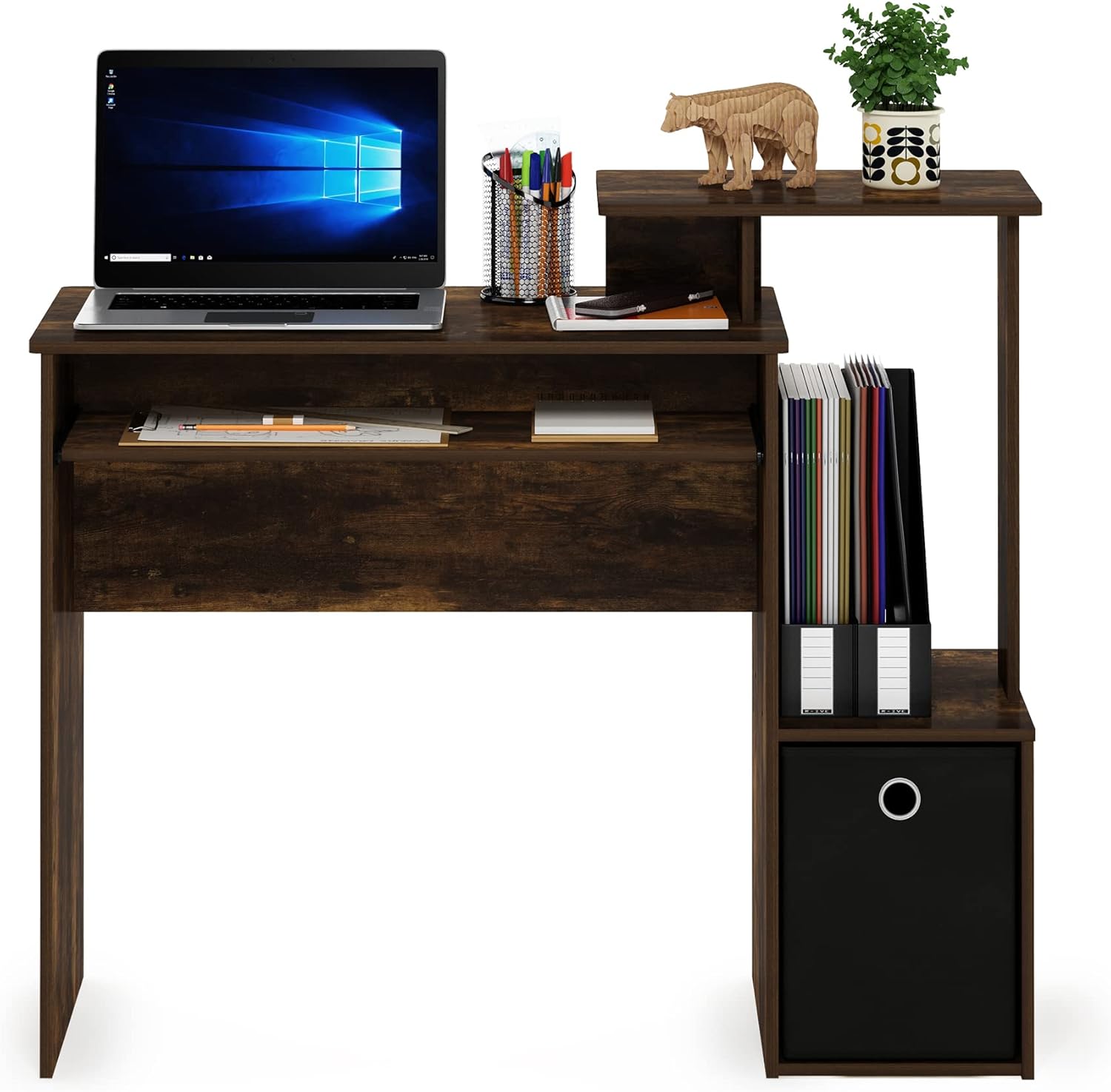 Furinno Econ Escritorio de escritura de computadora de oficina en casa multipropósito W/Bin, Blanco/Negro