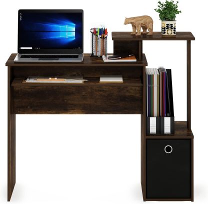 Furinno Econ Escritorio de escritura de computadora de oficina en casa multipropósito W/Bin, Blanco/Negro