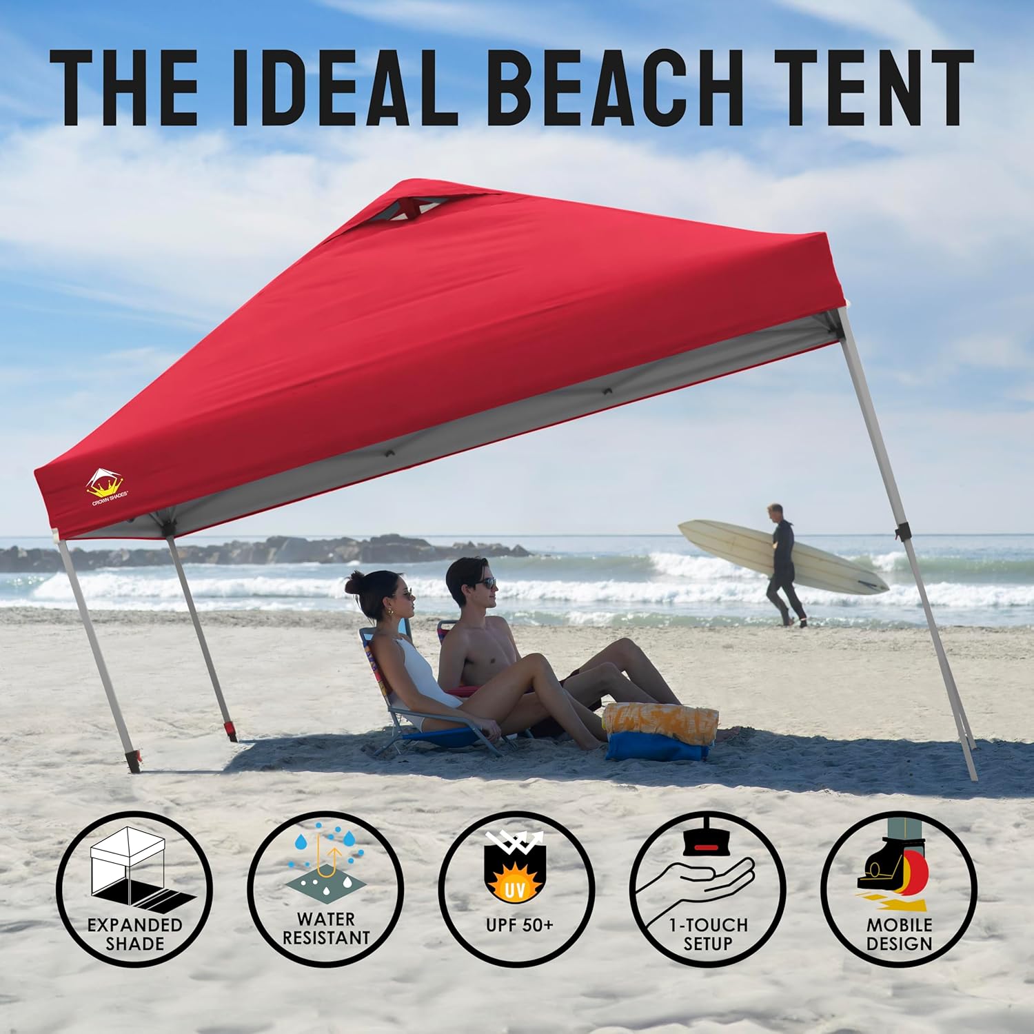 CROWN SHADES - Toldo desplegable para la Playa, fácil de armar, para el Aire Libre, Eventos, Fiestas, Campamento, Cubierta STO-N-Go, Parte Superior recubierta de Plata, 10 x 10 Pulgadas, Blanco