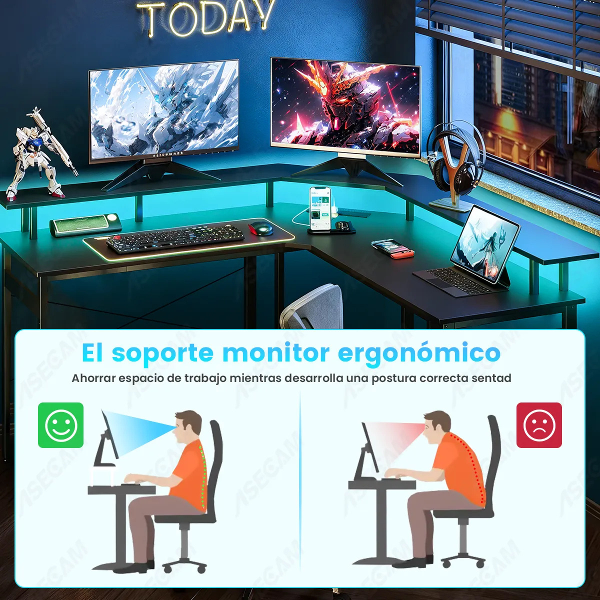 Escritorio Gamer En Forma De L Con Luz Led , Toma Y Soporte