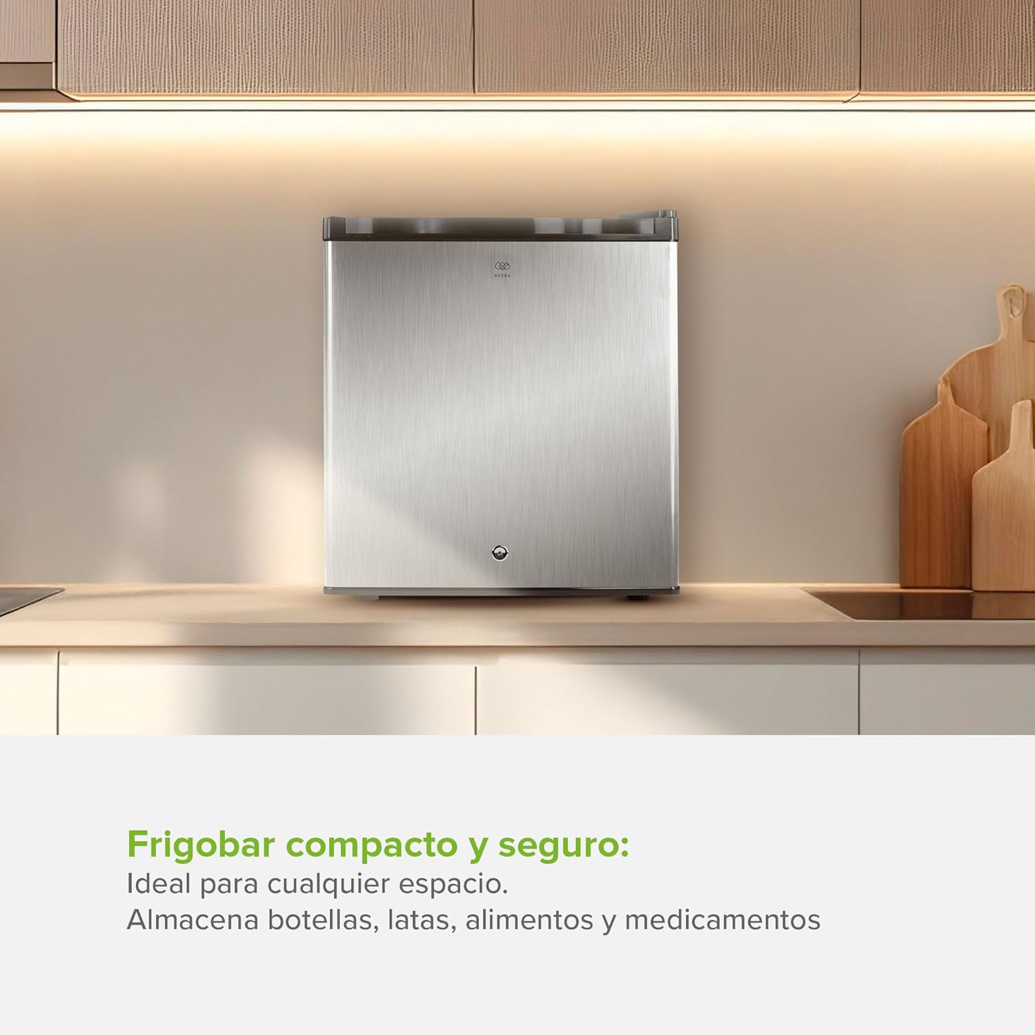 AVERA Frigobar 45L con Llave | Mini Refrigerador con Congelador, Puerta Reversible y Control de Temperatura 0°C-10°C | Ideal para Oficina, Cuarto o Minibar | FB46L