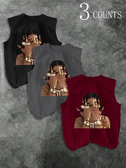 Men's Three-Piece Trendy Casual Sleeveless Vest Set, Face-Wiping Woman Print, Perfect for Summer, Vacation, Friend Gatherings