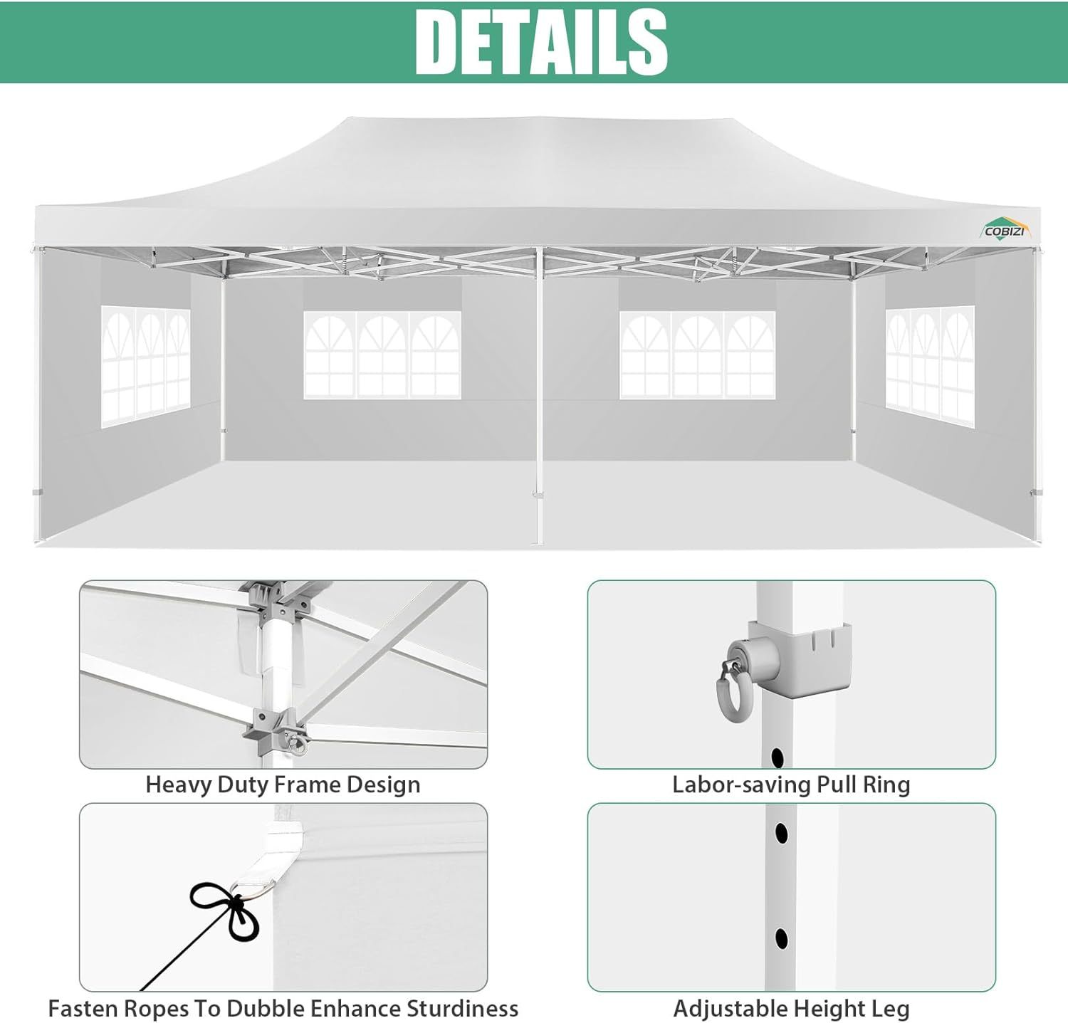 COBIZI - Toldo desplegable de 10 x 20 Pulgadas con 6 Paredes Laterales, toldo Impermeable para Eventos al Aire última intervensión, UPF 50+ cenador portátil para Fiestas, Playa, Camping, Boda,