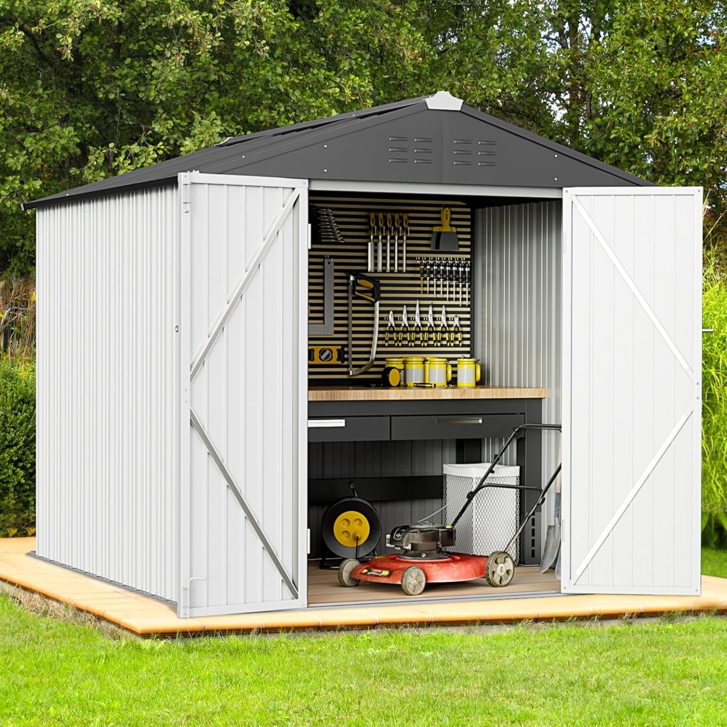 Greesum - Cobertizo de almacenamiento de metal para exteriores, 5 pies x 3 pies, herramienta de acero para cobertizo de almacenamiento con puerta y cerradura, para patio trasero, jardín, patio, césped (5 x 3 pulgadas), color café