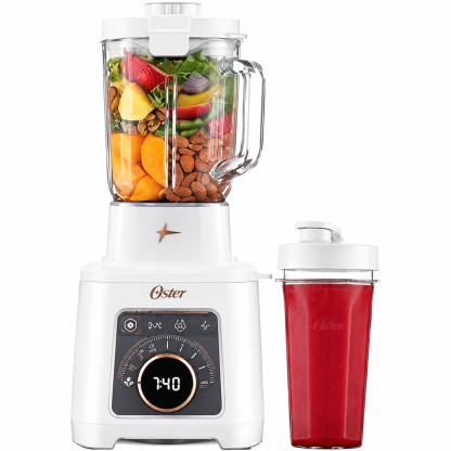 Oster Licuadora Profesional Titan 2200 W, Vaso de Vidrio 2.5 L (máx 2 L) | 4 Programas: Salsa, Recetas Calientes, Smoothie y Malteada, Tecnología Reversible, Vaso Portátil, Fácil Limpieza, BLSTXT-XG