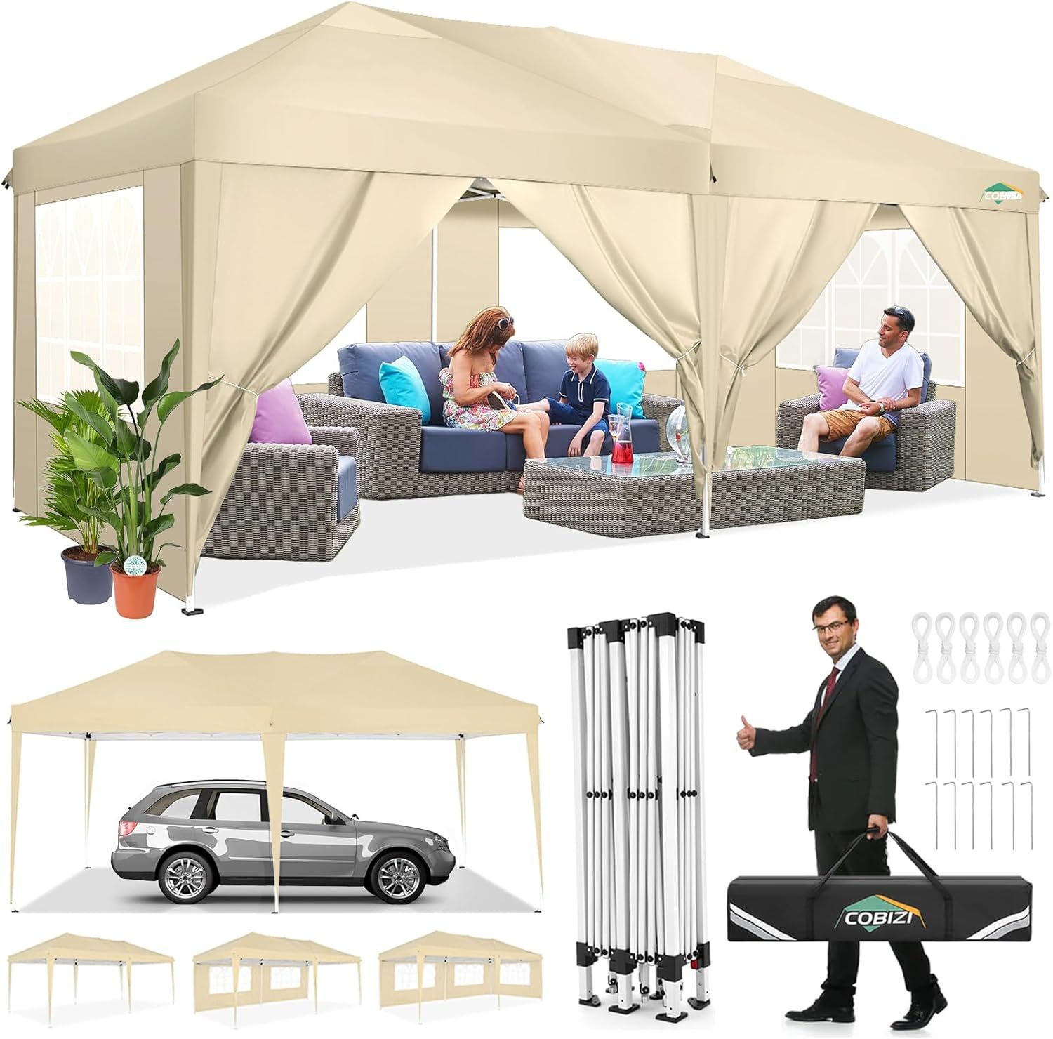 COBIZI - Toldo desplegable de 10 x 20 Pulgadas con 6 Paredes Laterales, toldo Impermeable para Eventos al Aire última intervensión, UPF 50+ cenador portátil para Fiestas, Playa, Camping, Boda,
