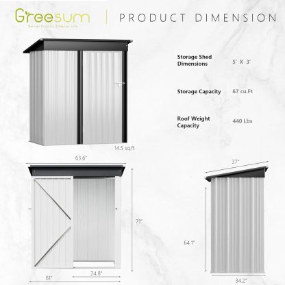 Greesum - Cobertizo de almacenamiento de metal para exteriores, 5 pies x 3 pies, herramienta de acero para cobertizo de almacenamiento con puerta y cerradura, para patio trasero, jardín, patio, césped (5 x 3 pulgadas), color café